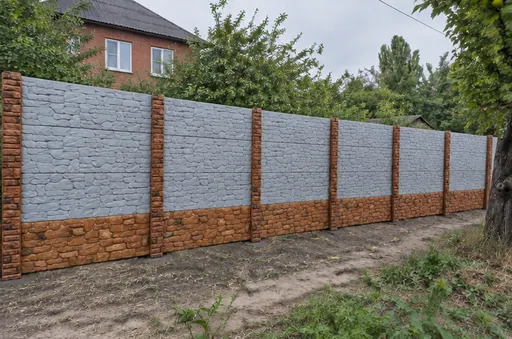 Декоративный наборный бетонный забор. Готовое ограждение. Рельефный бетонный забор на границе дачного двора. Визуализация.